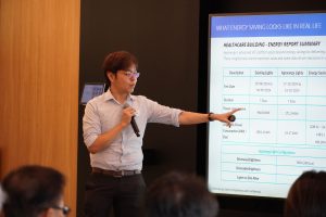 Gavin Chan, Head of Sustainability at CPG Corporation, presenting CPG’s three-strategy framework for improving building performance, alongside case studies on energy savings from lighting and AI-driven cooling optimisation.